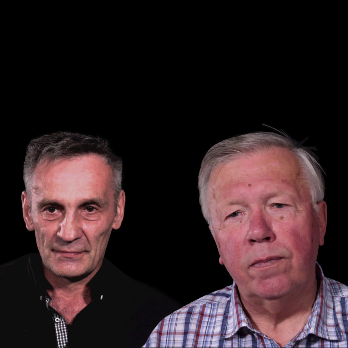 Porträts der Zeitzeugen André Fischer und Rolf Kiesel, die beide im Arbeitskommando Zwangsarbeit leisten mussten 